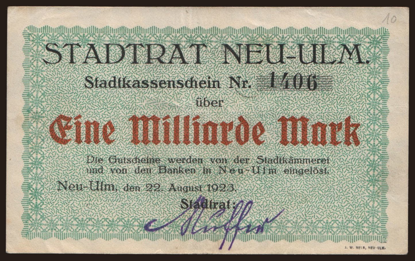 Neu-Ulm/ Stadt, 1.000.000.000 Mark, 1923