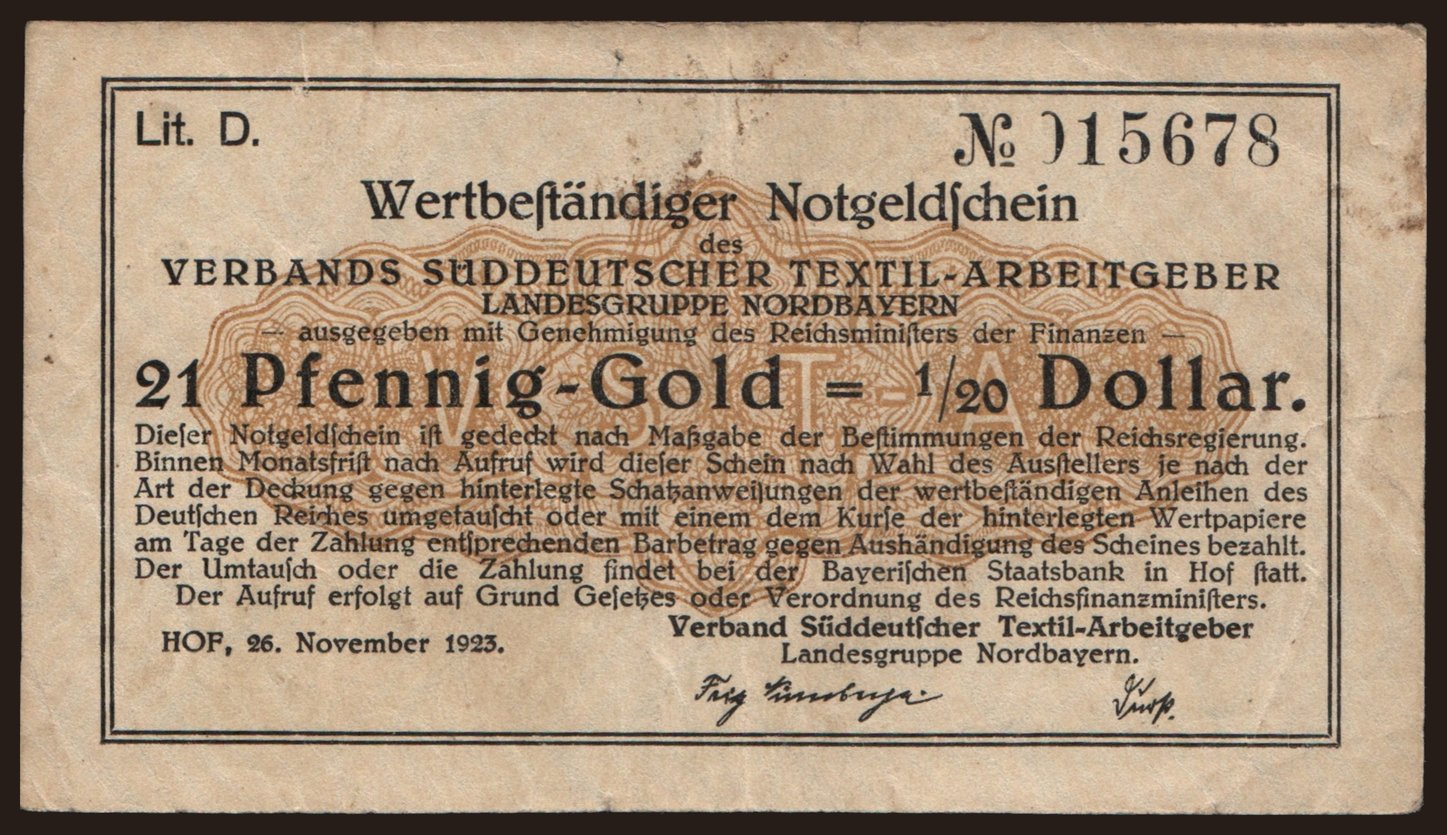Hof/ Verband Süddeutscher Textil-Arbeitgeber, 21 Pfennig Gold, 1923