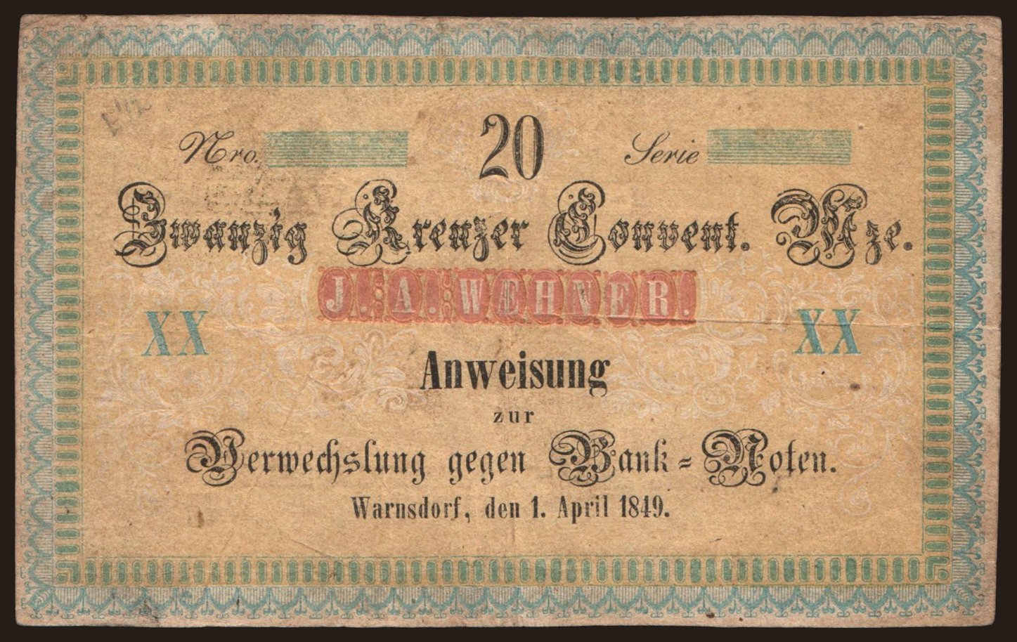 Warnsdorf/ J. A. Wehner, 20 Kreuzer, 1849