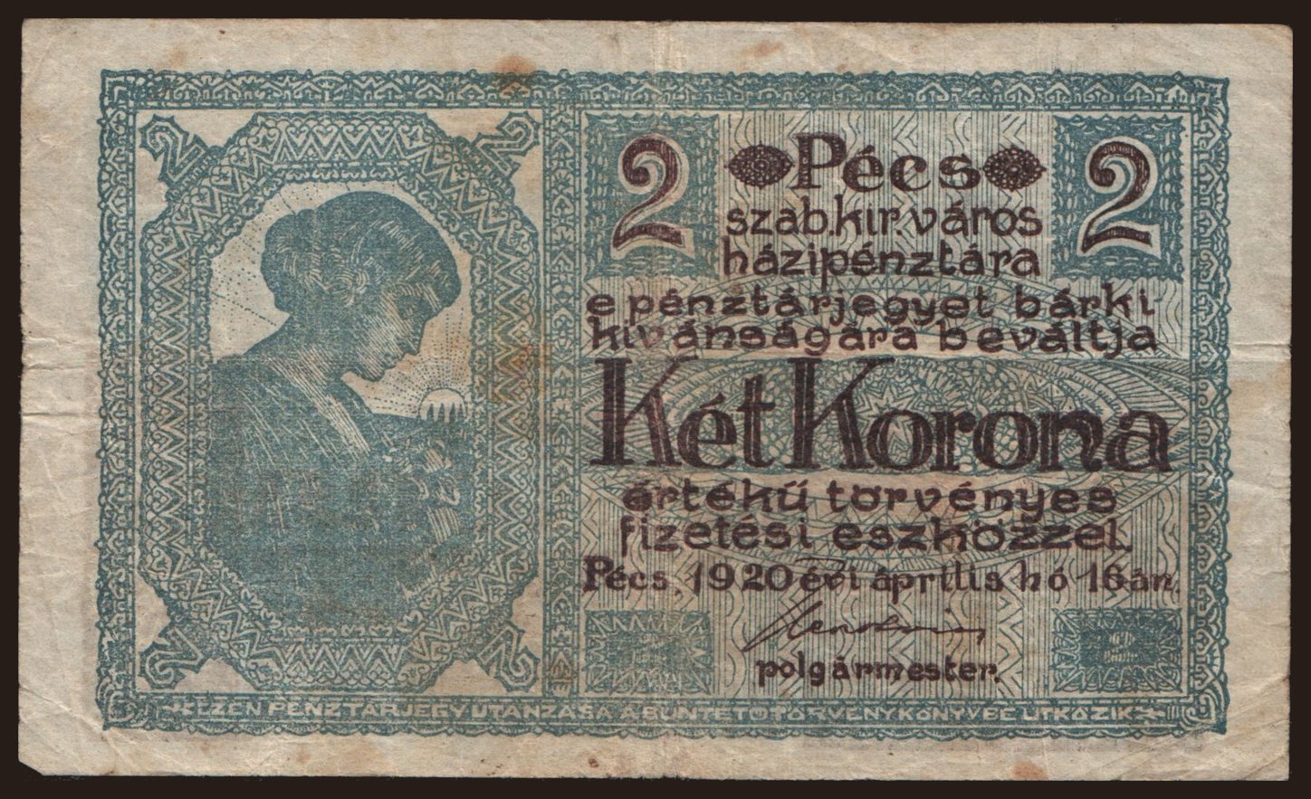 Pécs, 2 korona, 1920