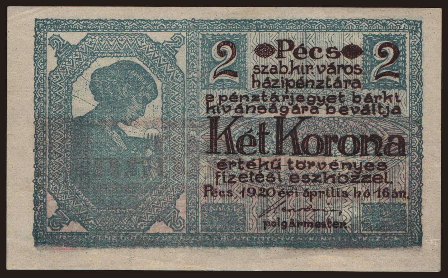 Pécs, 2 korona, 1920