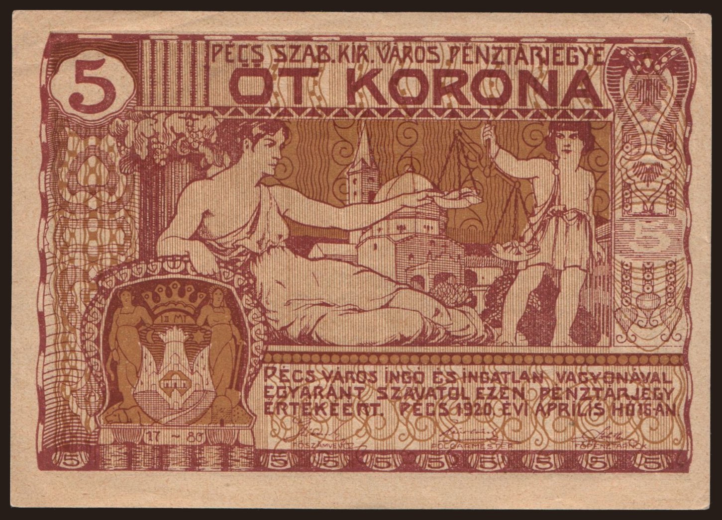 Pécs, 5 korona, 1920