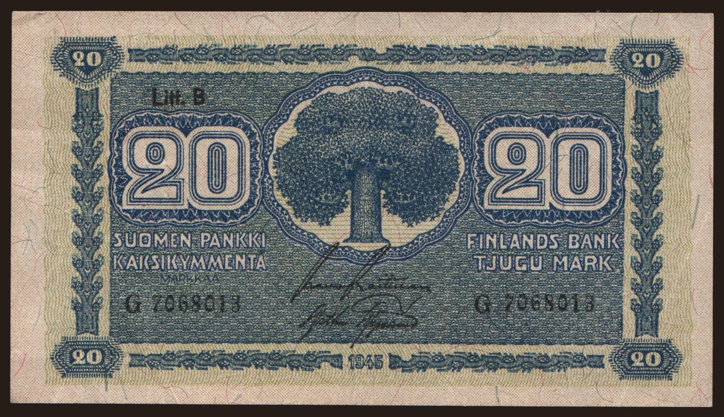 20 markkaa, 1945, Litt. B