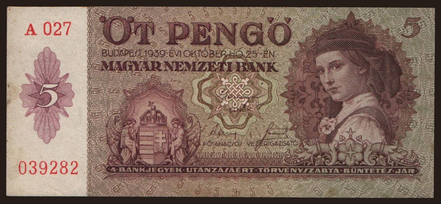 5 pengő, 1939