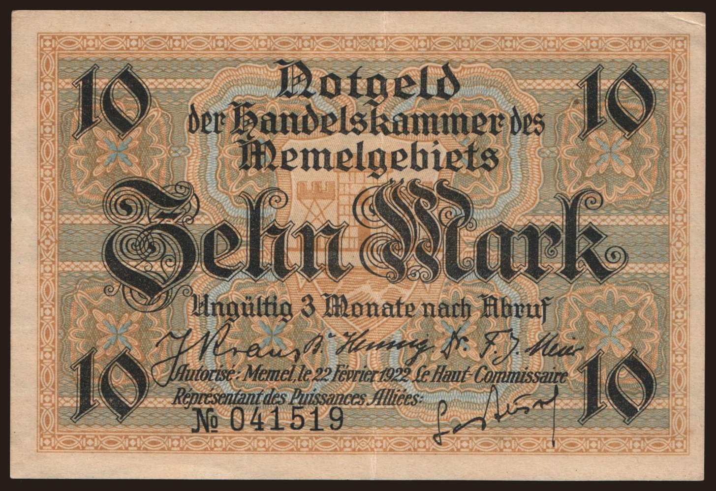 Memel, 10 Mark, 1922