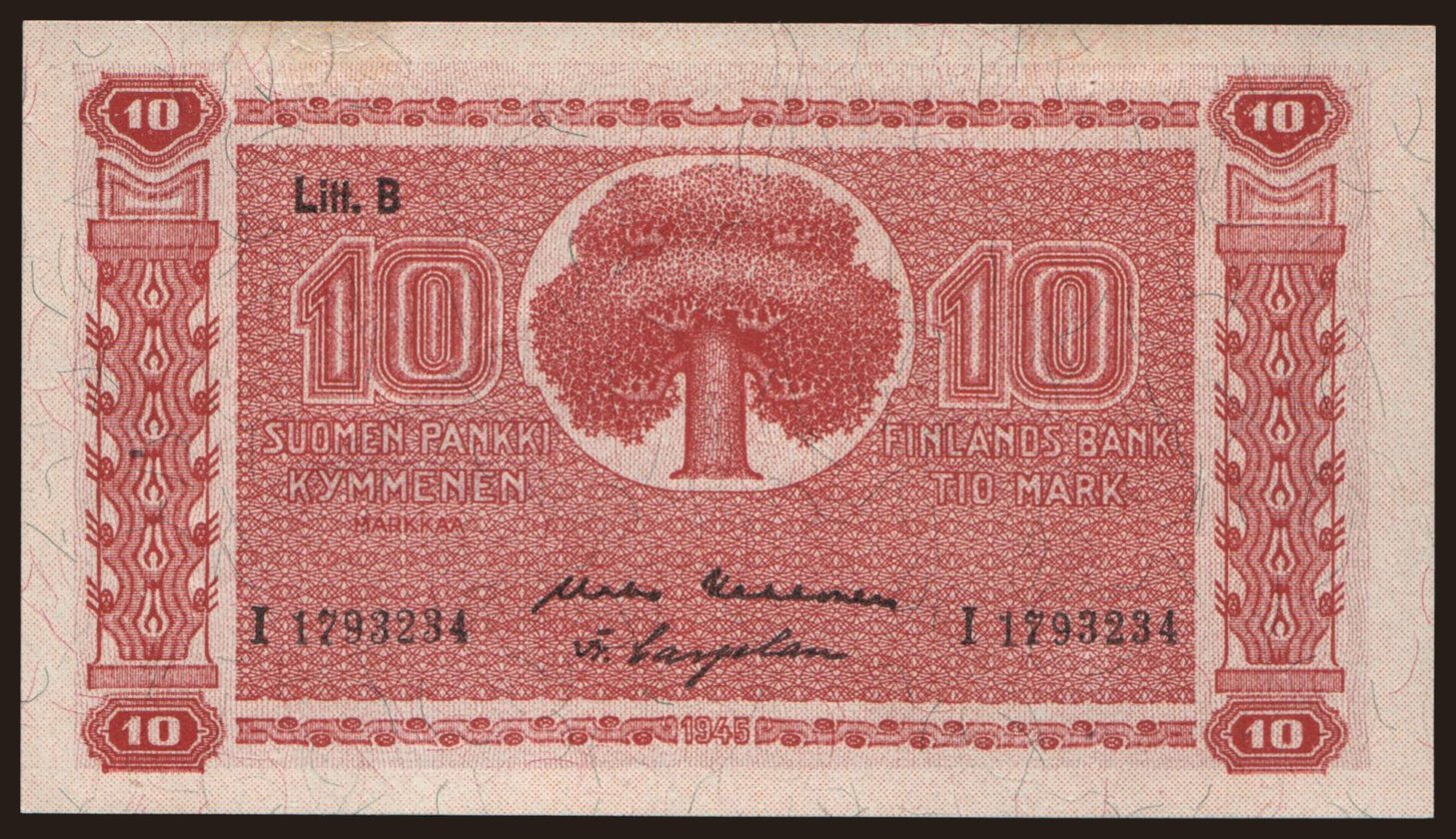 10 markkaa, 1945, Litt. B