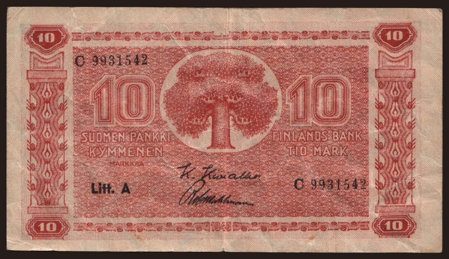 10 markkaa, 1945, Litt. A