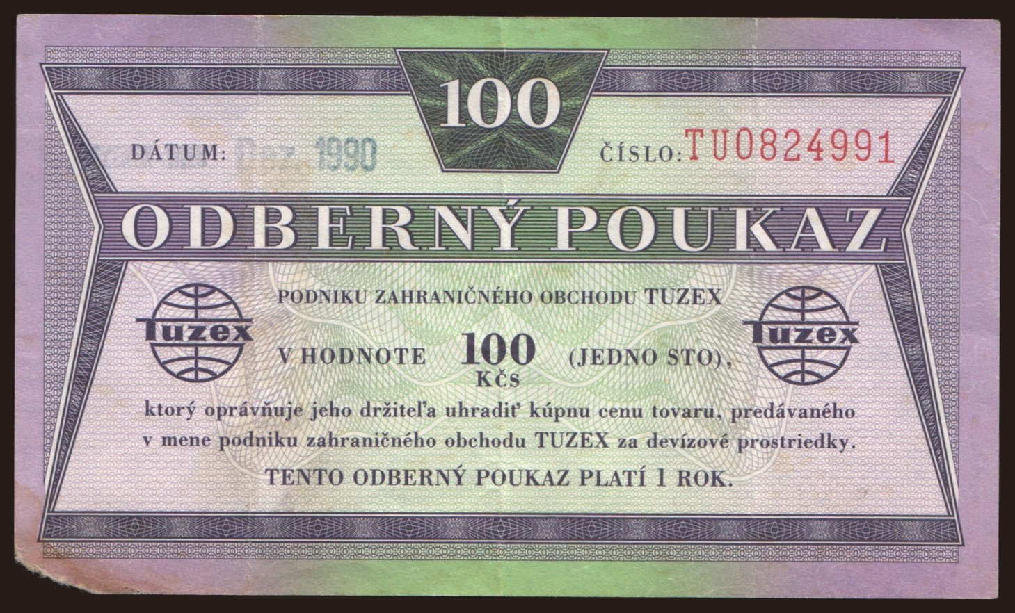 Tuzex, 100 korun, 1990