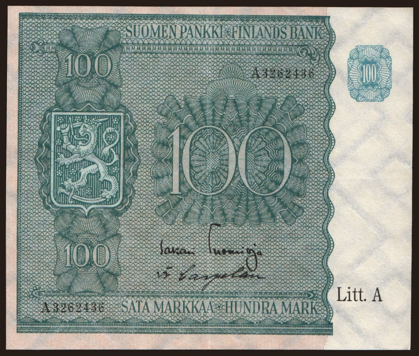 100 markkaa, 1945, Litt. A