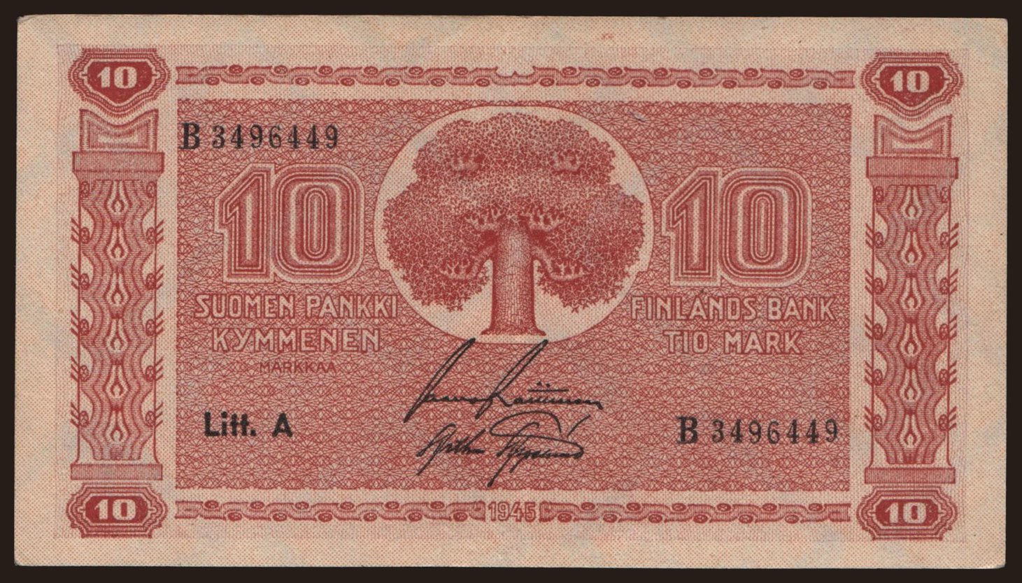 10 markkaa, 1945, Litt. A
