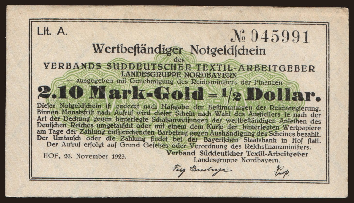 Hof/ Verband Süddeutscher Textil-Arbeitgeber, 2.10 Mark Gold, 1923