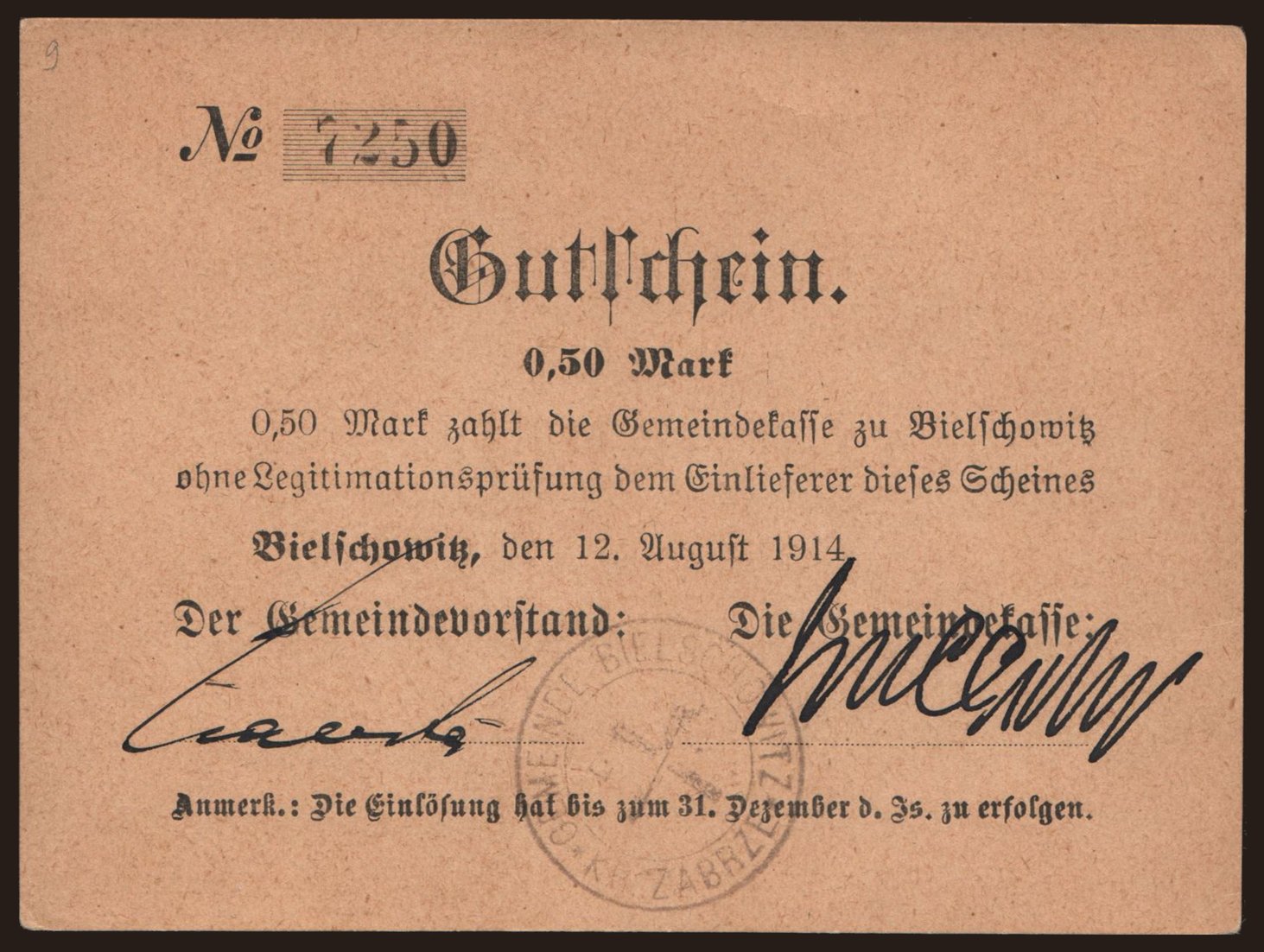 Bielschowitz (Ruda Śląska)/ Gemeindekasse, 0.50 Mark, 1914