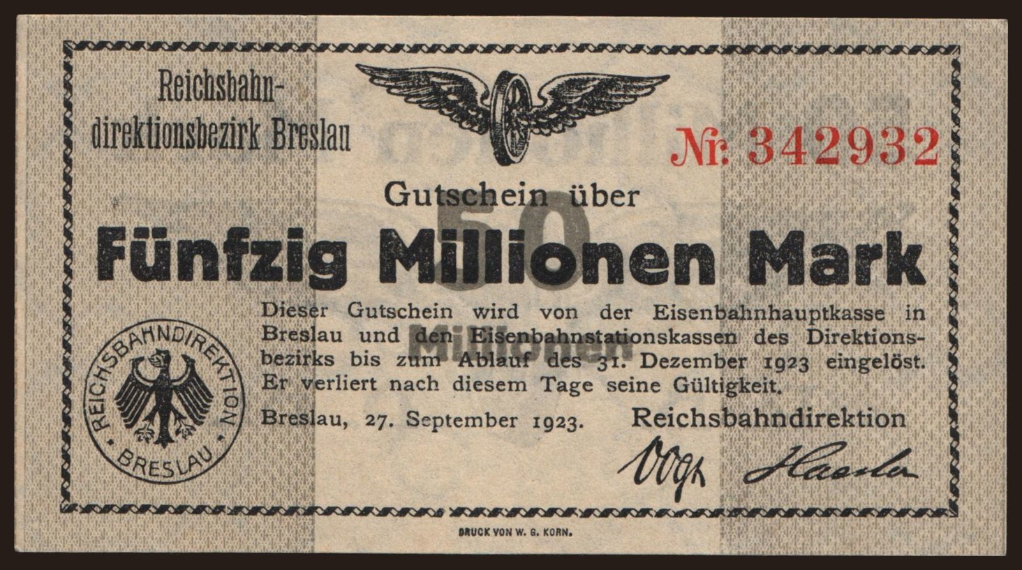 Breslau, 50.000.000 Mark, 1923