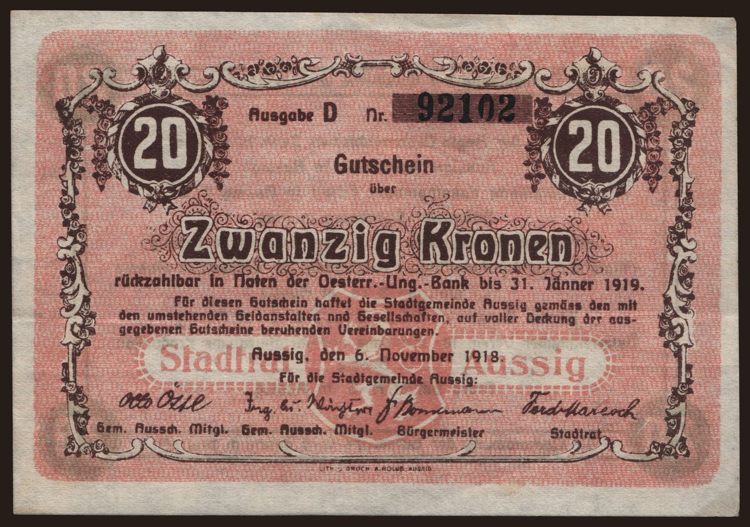 Aussig, 20 Kronen, 1918