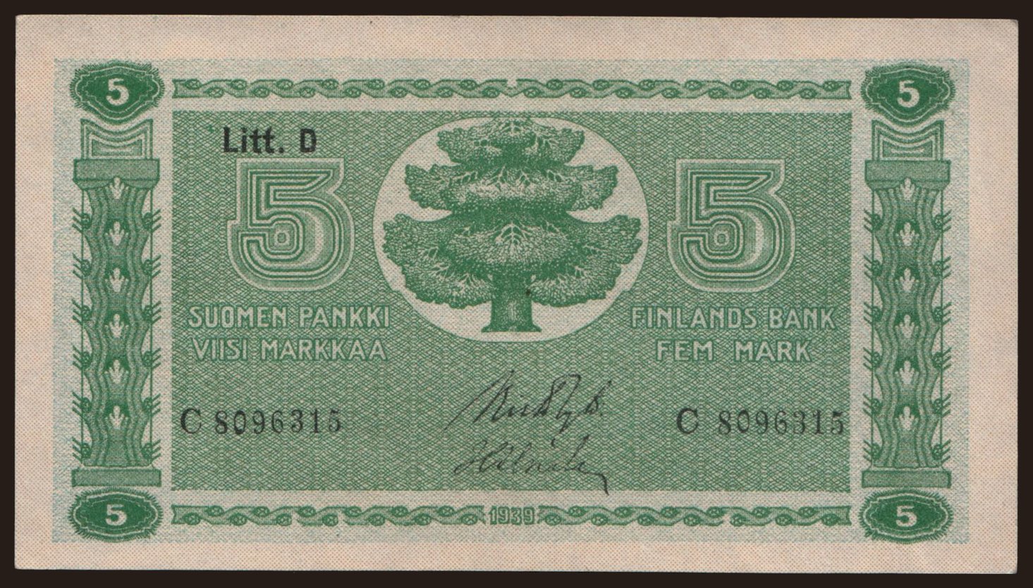5 markkaa, 1939, Litt. D