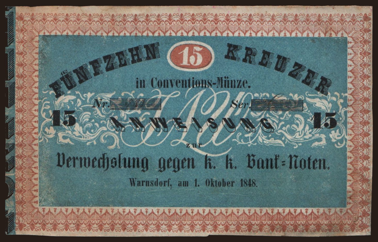 Warnsdorf/ J. A. Wehner, 15 Kreuzer, 1849