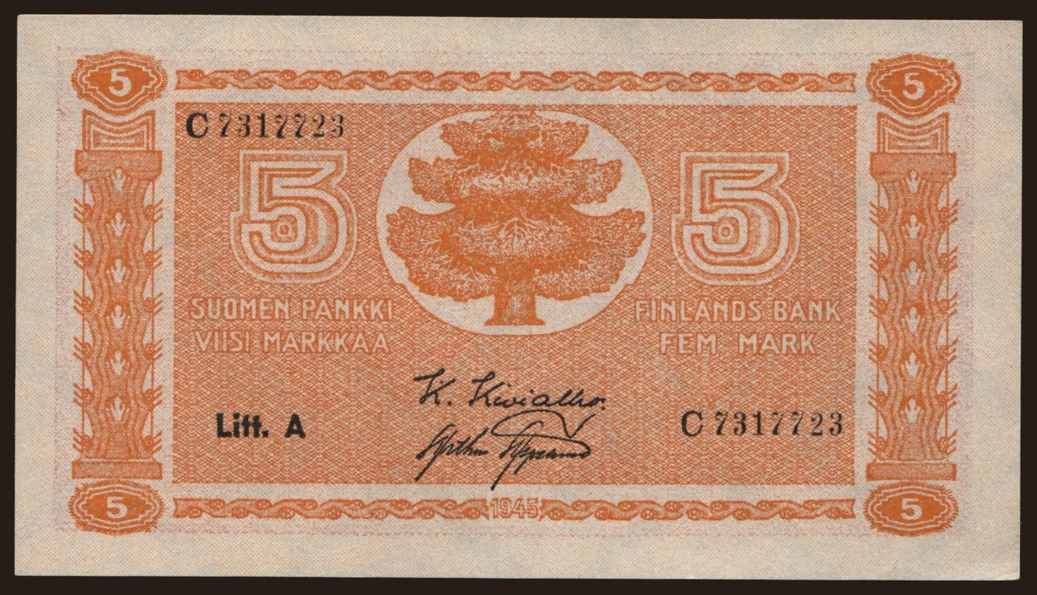 5 markkaa, 1945, Litt. A