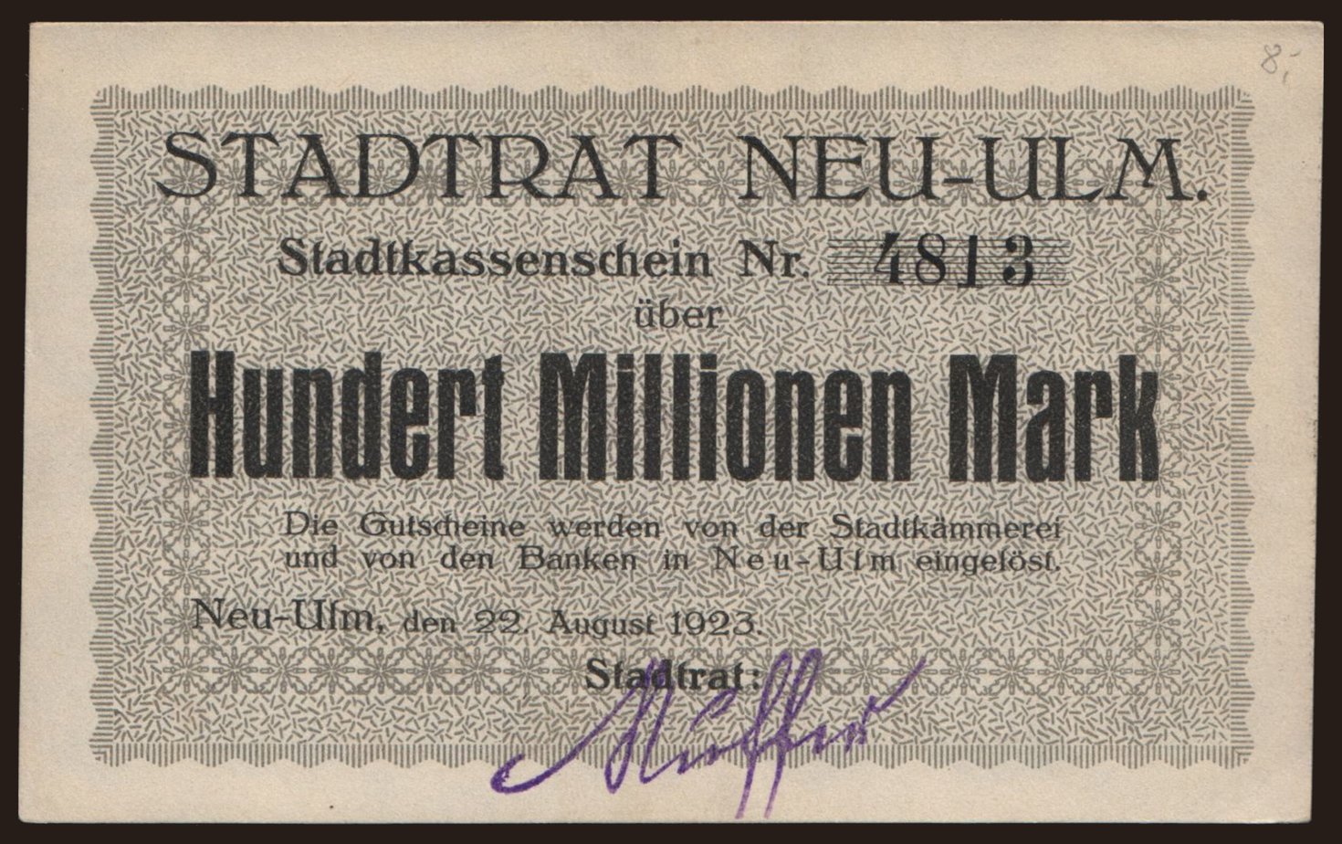 Neu-Ulm/ Stadt, 100.000.000 Mark, 1923