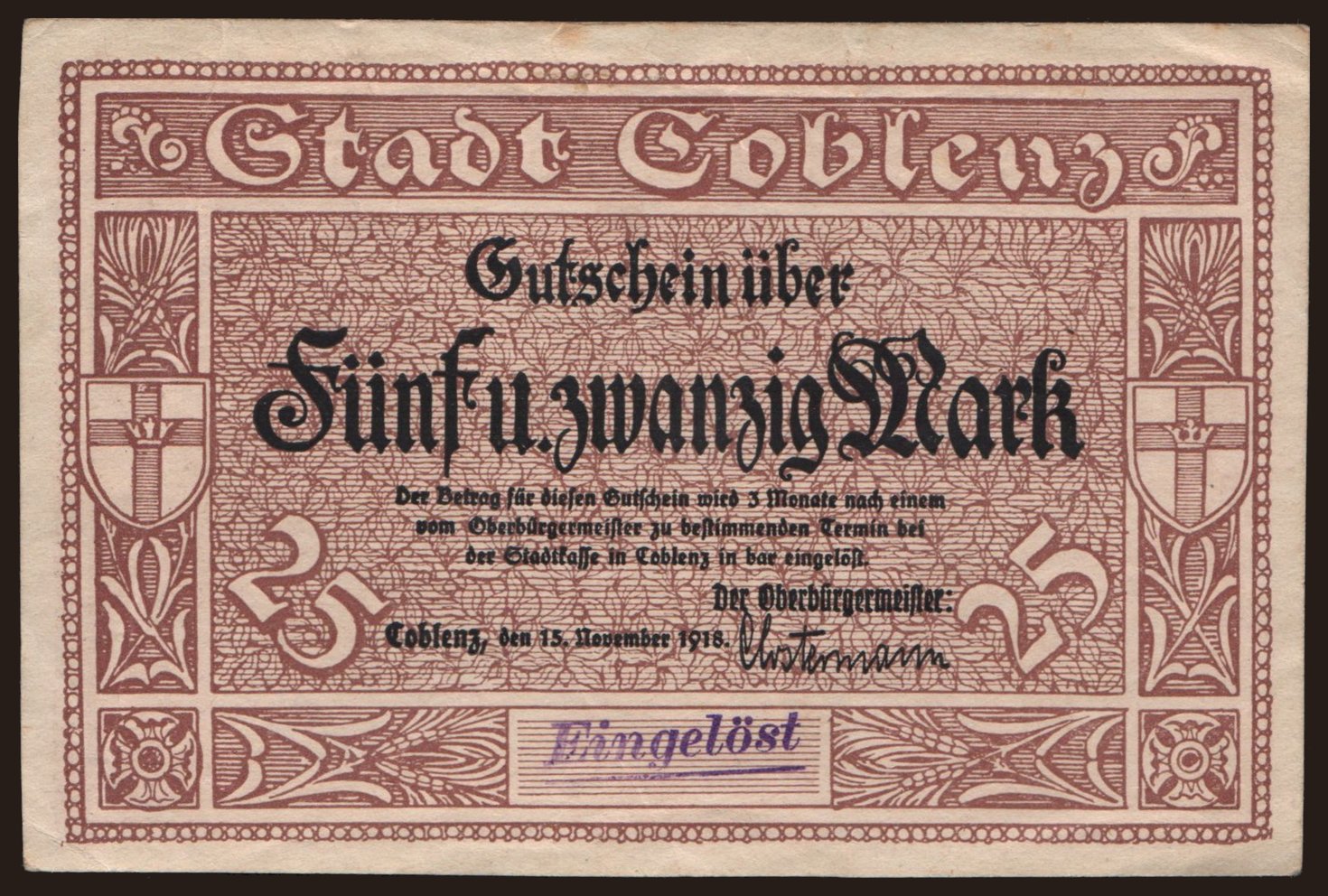 Coblenz/ Stadt, 25 Mark, 1918