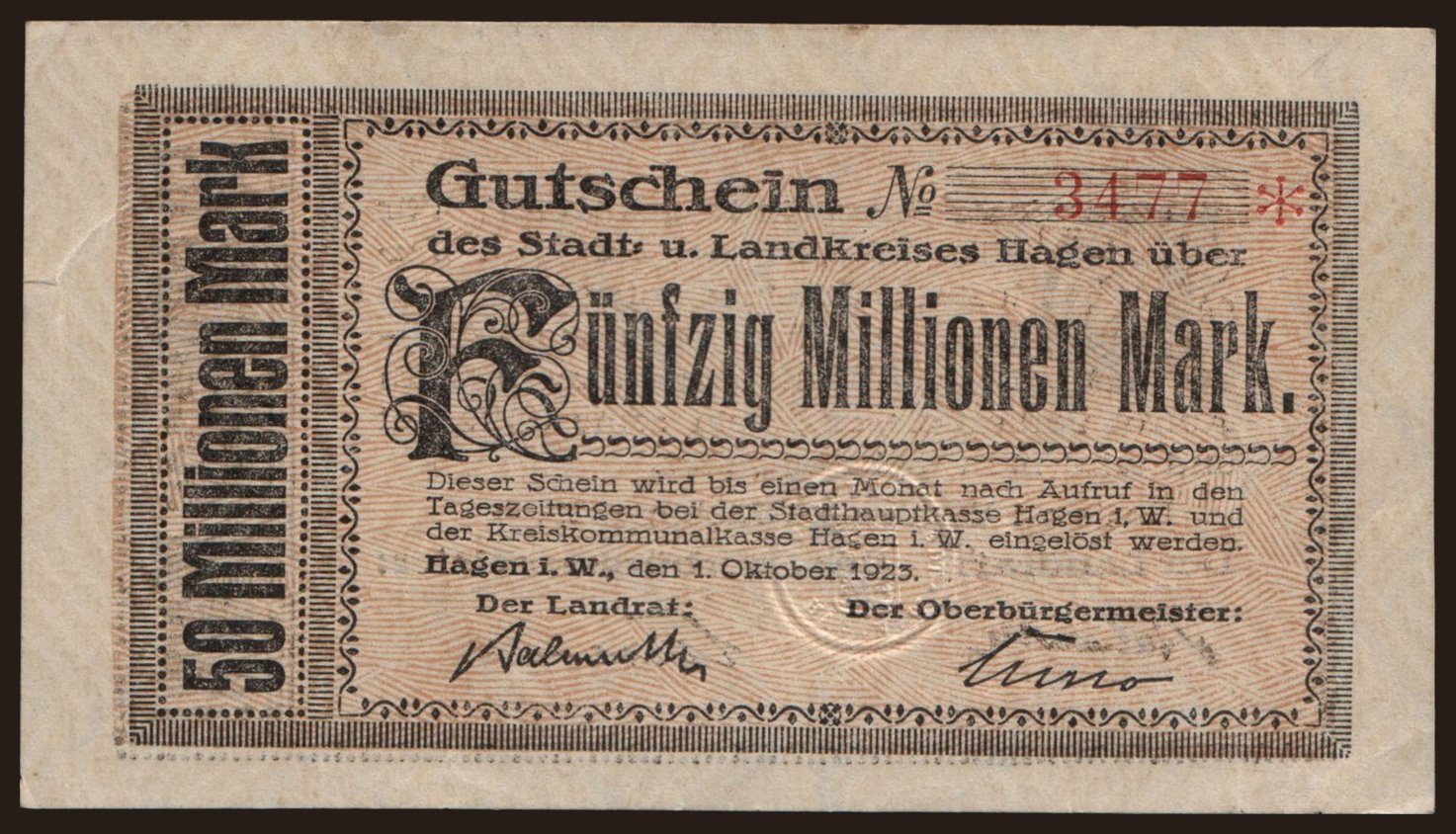 Hagen/ Stadt- und Landkreis, 50.000.000 Mark, 1923