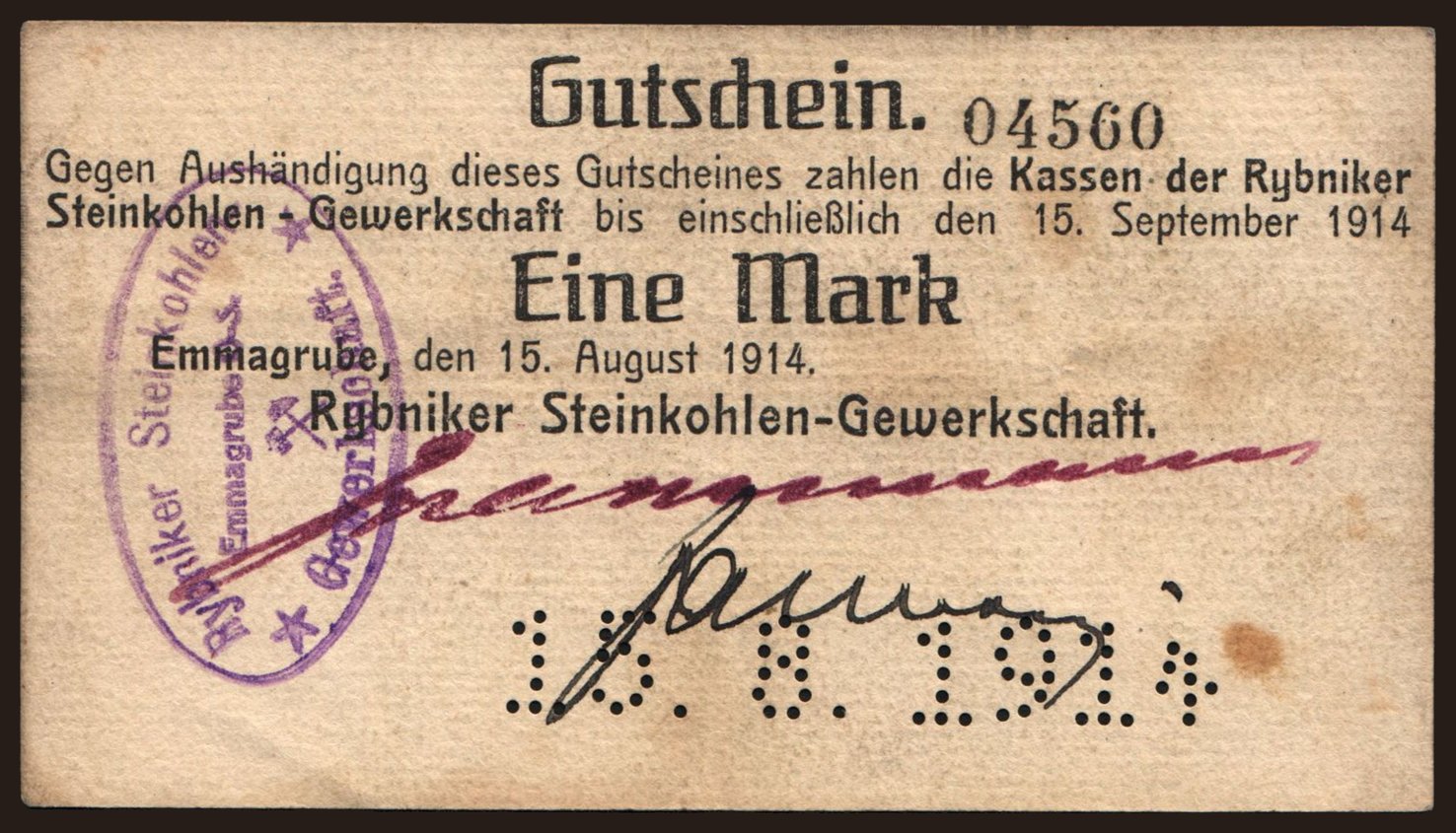 Emmagrube/ Rybniker Steinkohlen-Gewerkschaft, 1 Mark, 1914
