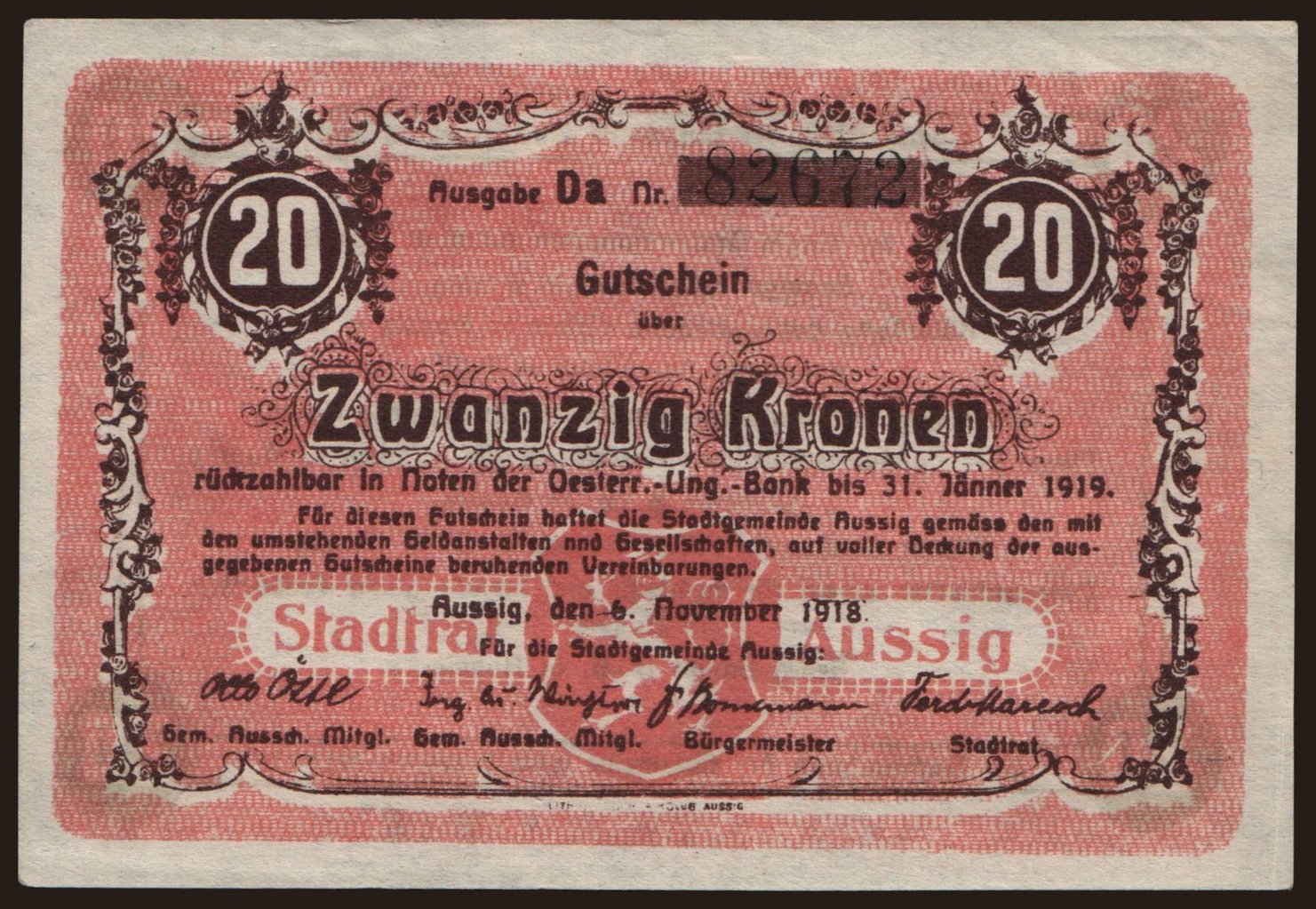 Aussig, 20 Kronen, 1918