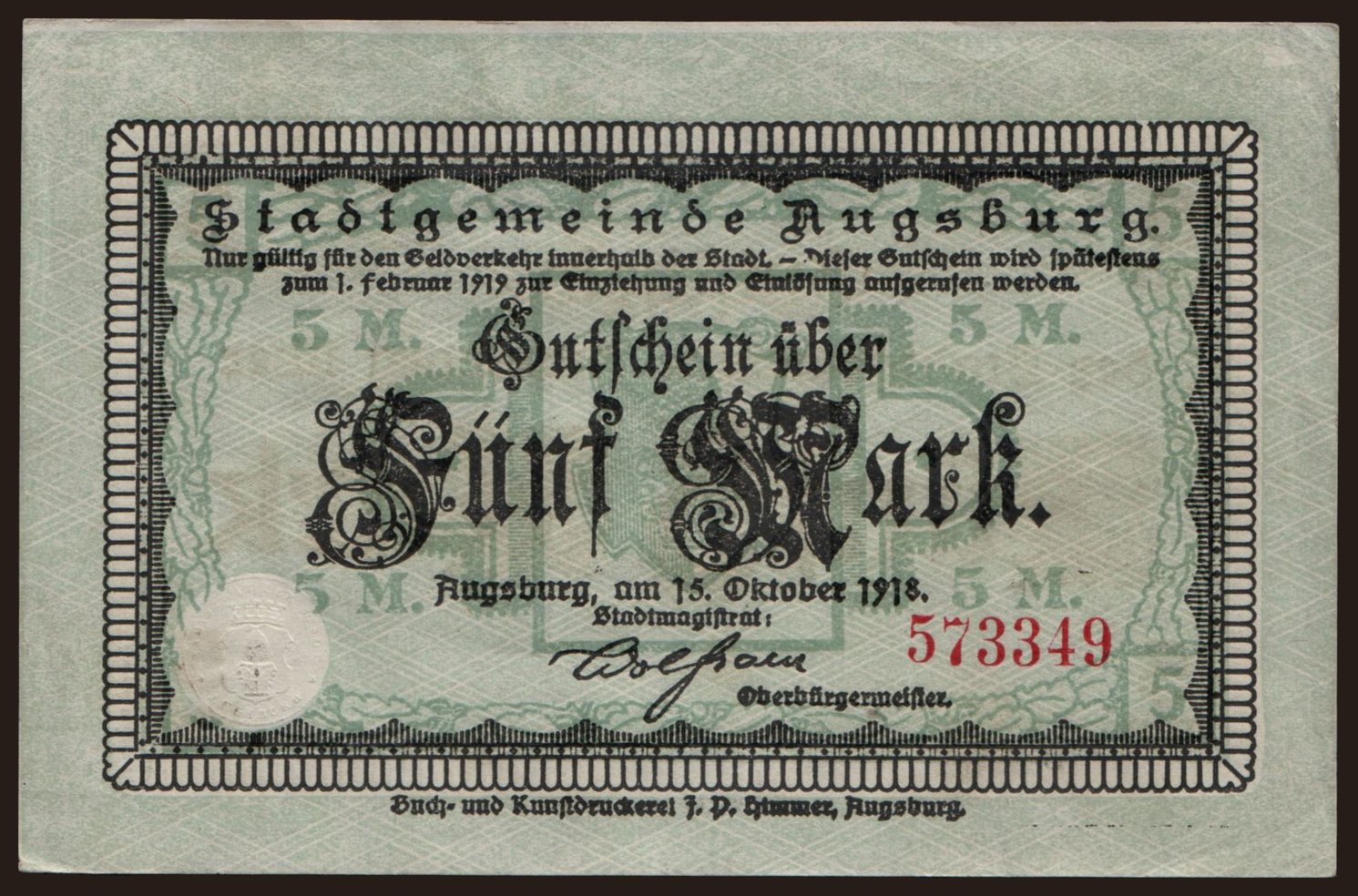 Augsburg/ Stadt, 5 Mark, 1918