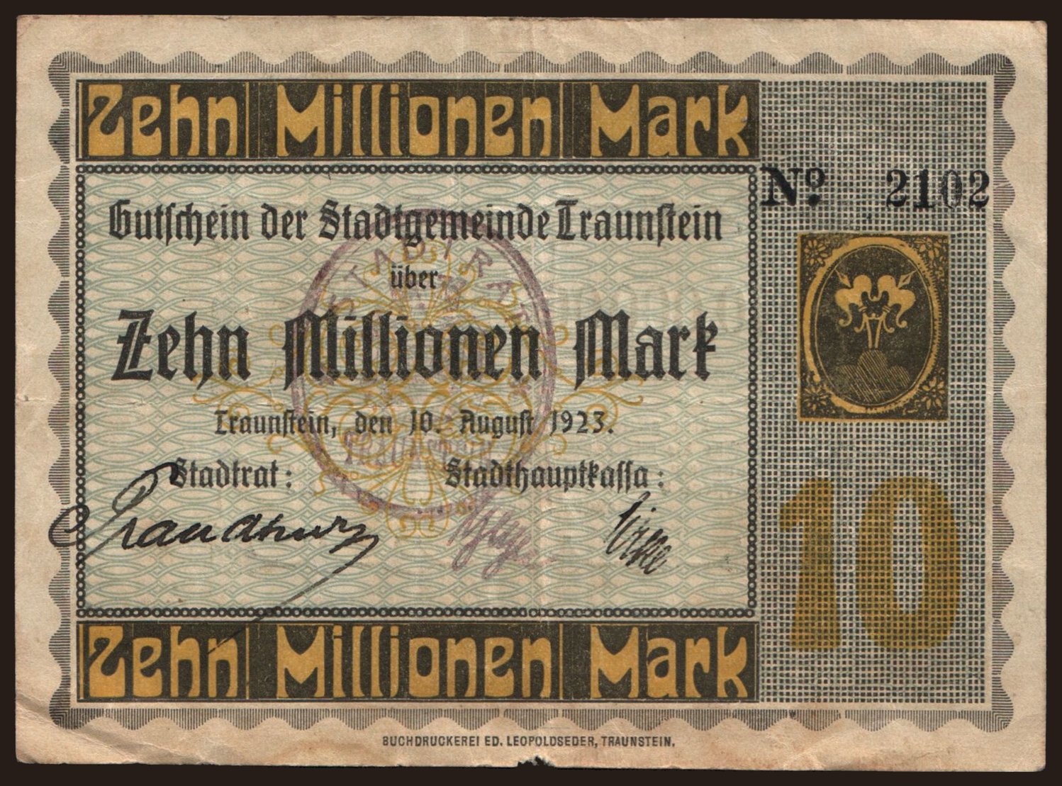 Traunstein/ Stadtgemeinde, 10.000.000 Mark, 1923