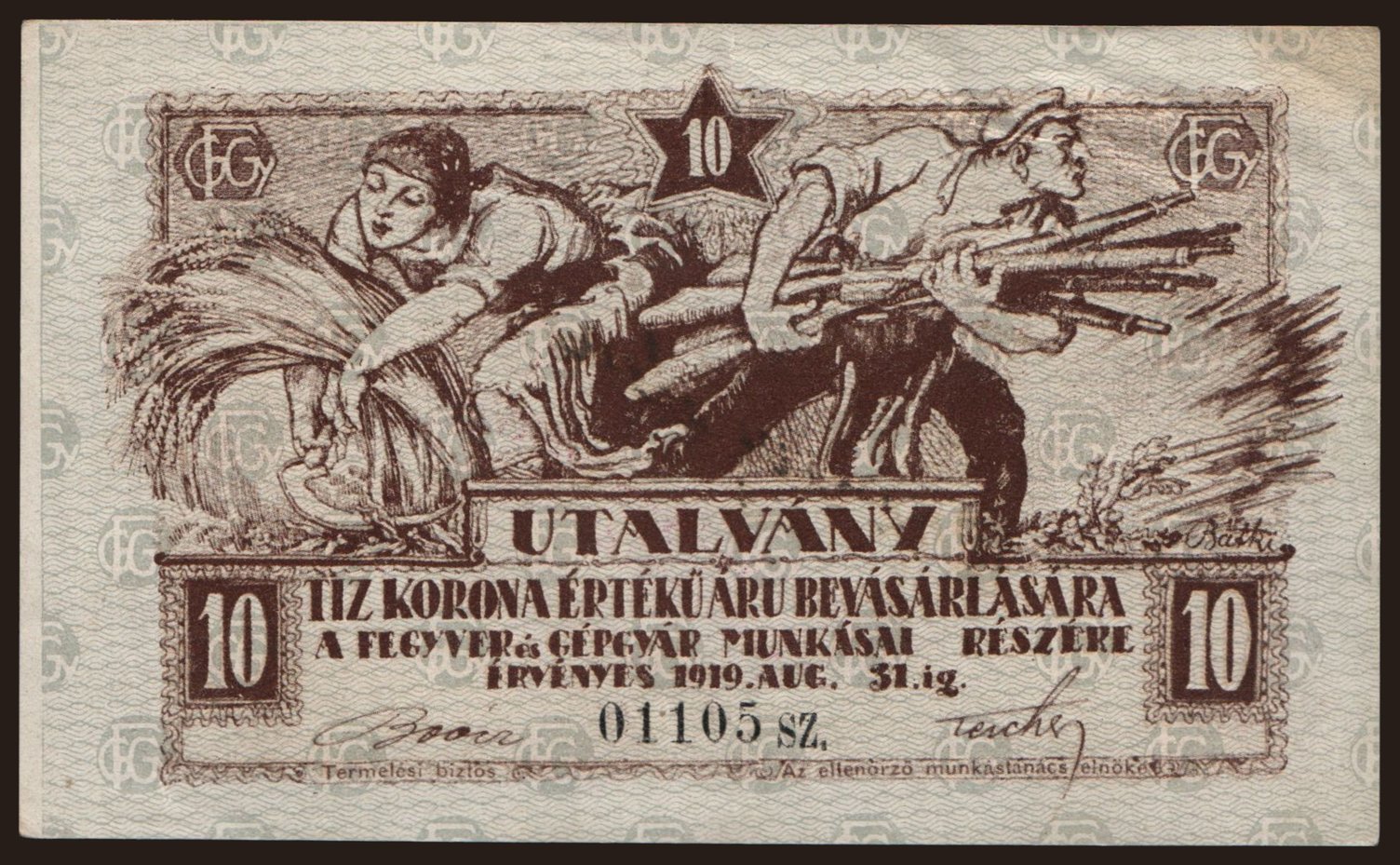 Budapest/ Fegyver és Gépgyár, 10 korona, 1919