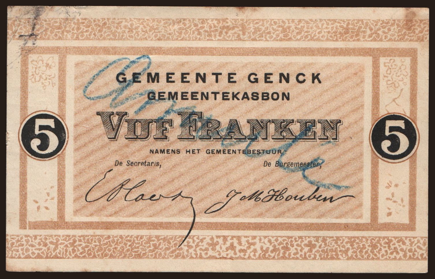 Genck, 5 franken, 191?