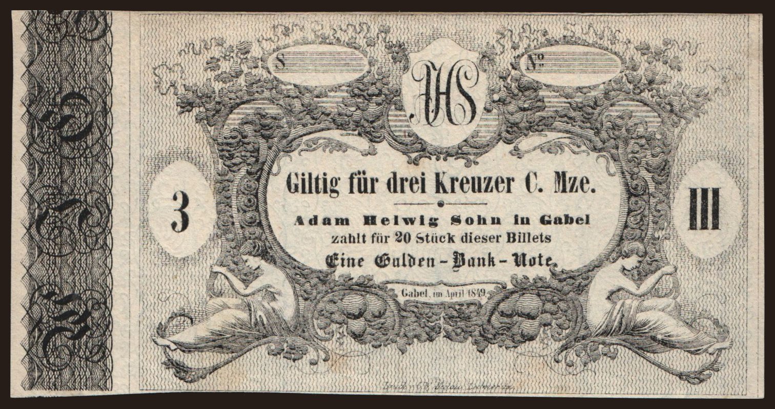 Gabel/ Adam Helvig Sohn, 3 Kreuzer, 1849