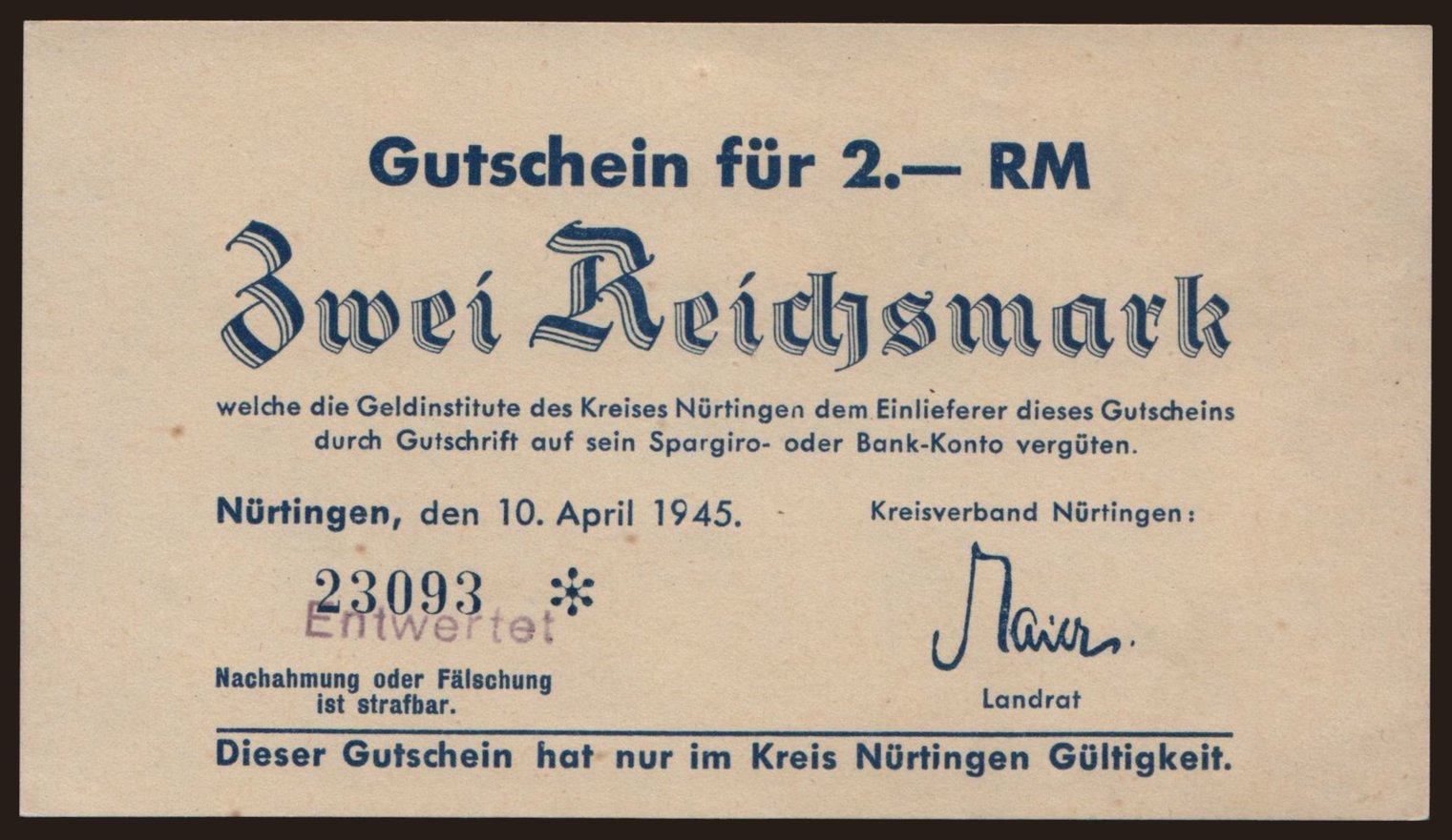 Nürtingen, 2 Reichsmark, 1945