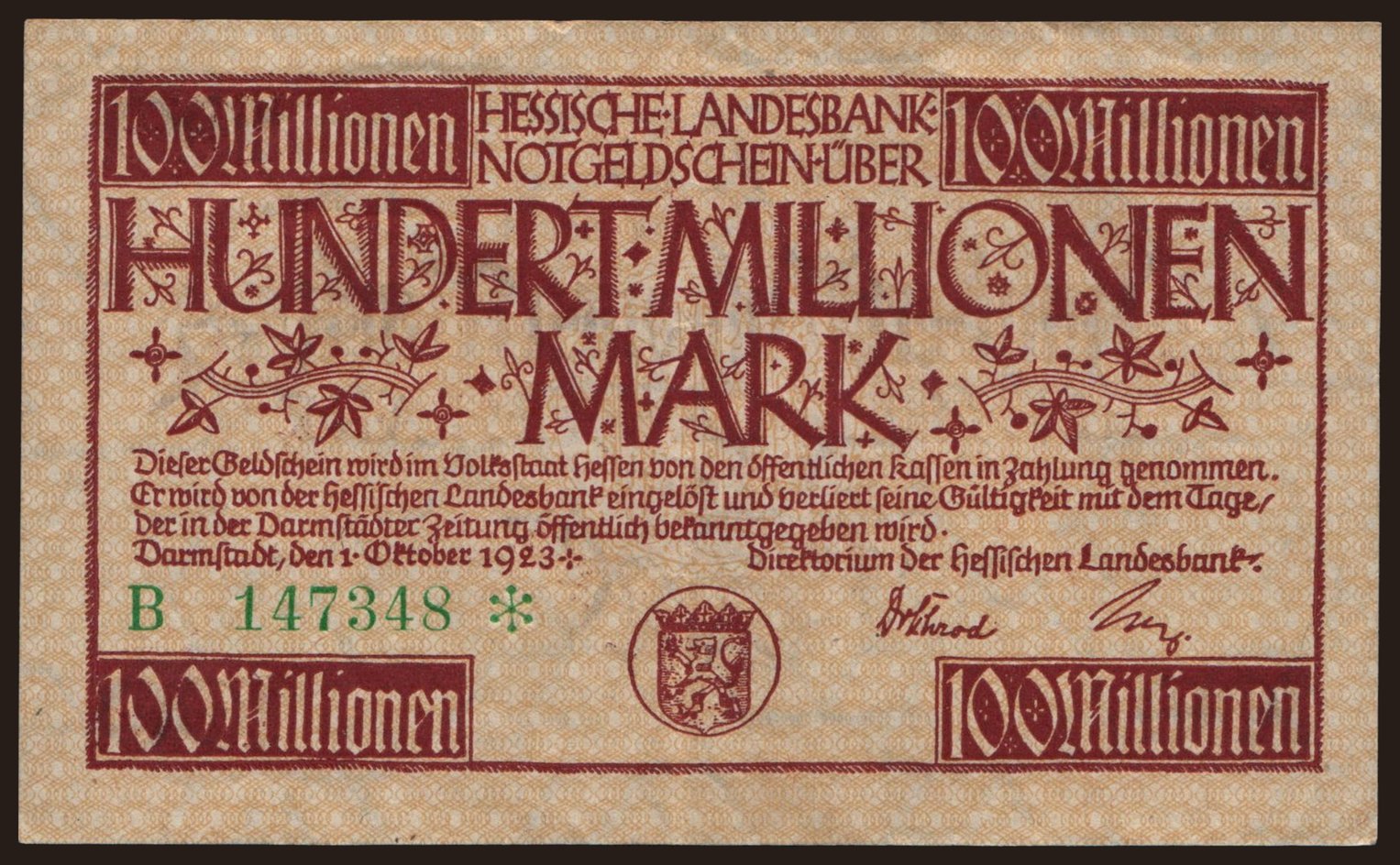 Darmstadt/ Hessische Landesbank, 100.000.000 Mark, 1923
