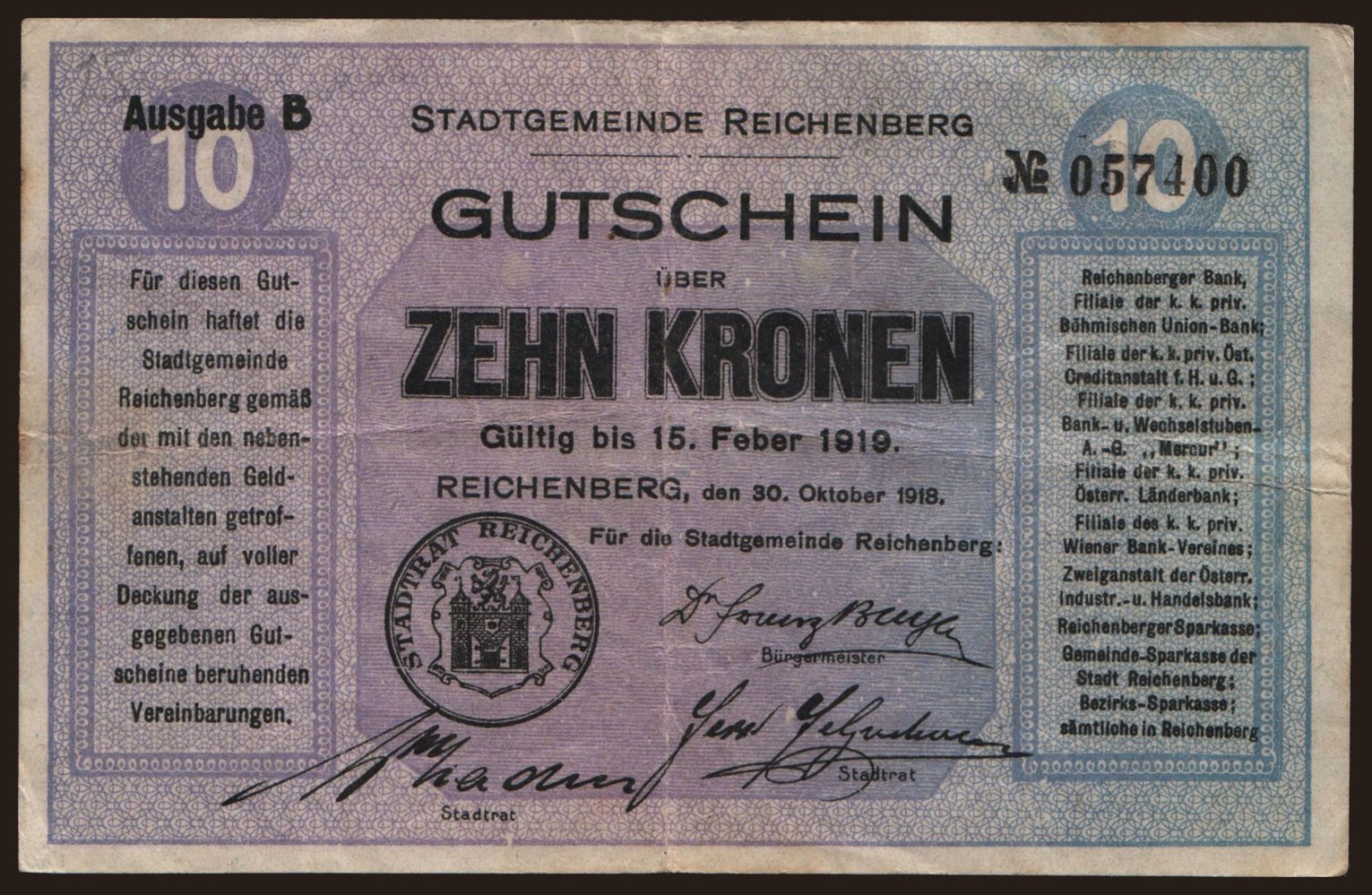 Reichenberg, 10 Kronen, 1918