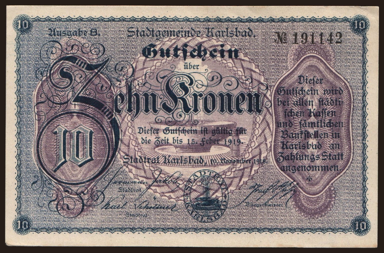 Karlsbad, 10 Kronen, 1918