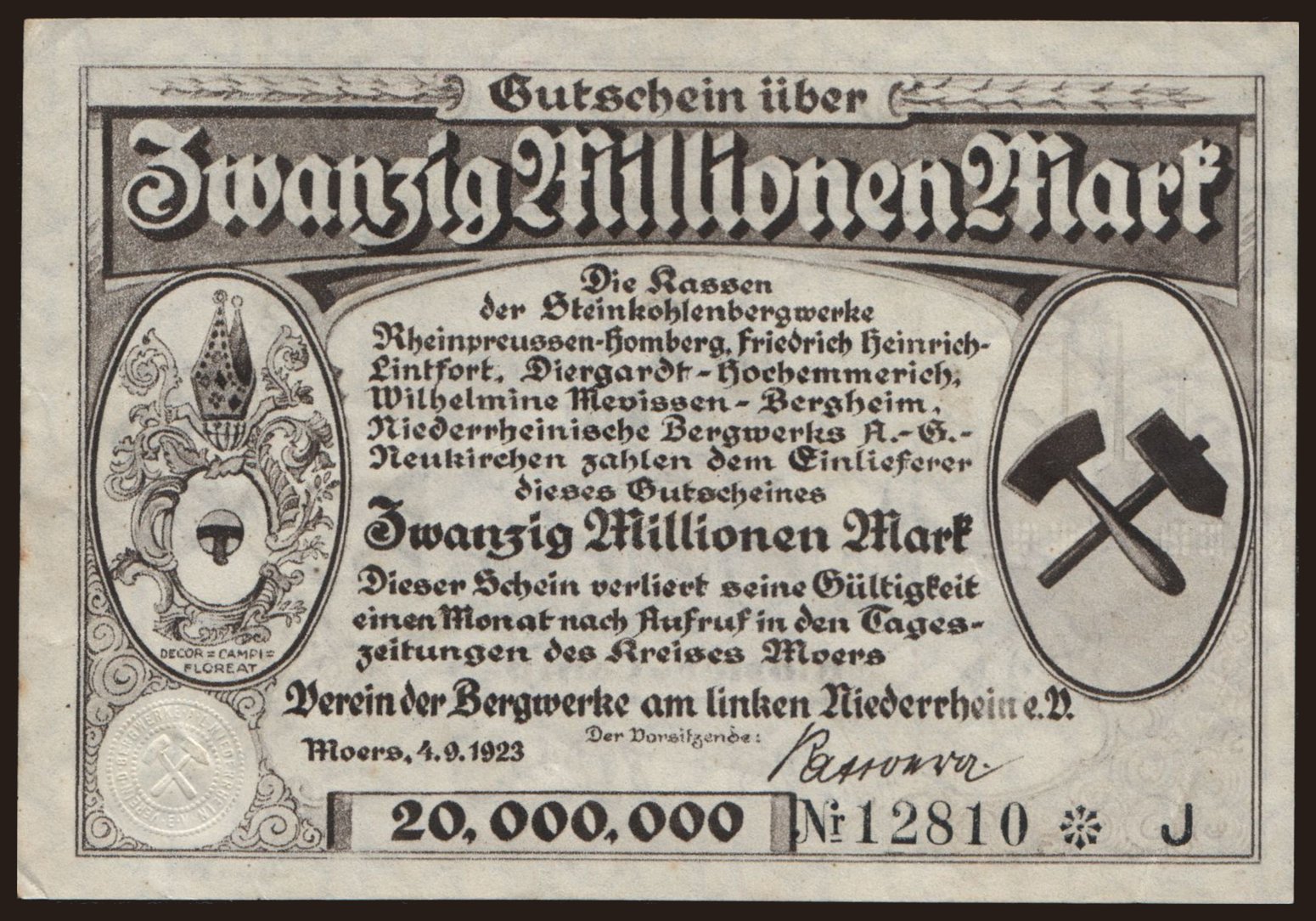 Moers/ Verein der Bergwerke am linken Niederrhein e.V., 20.000.000 Mark, 1923