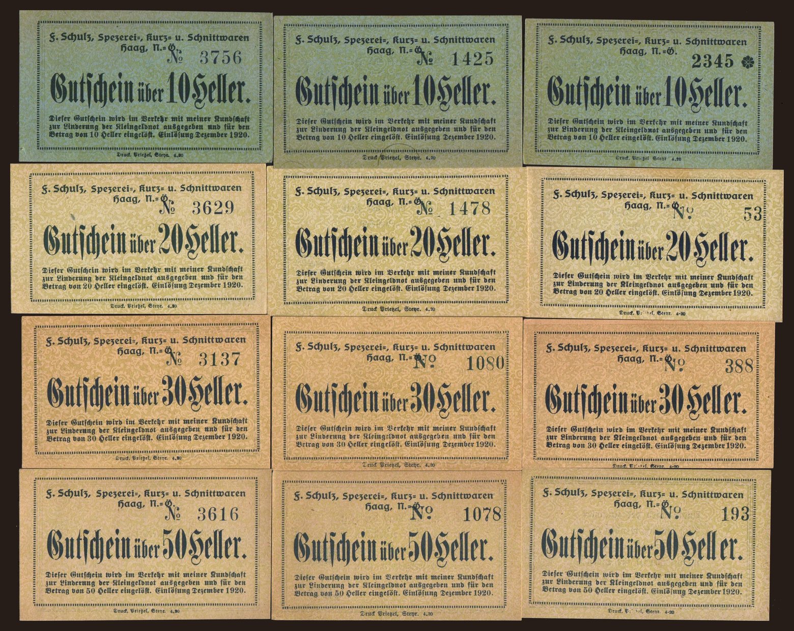 Haag/ F. Schulz Spezerei-,Kurz-U. Schnittwaren, 10, 20, 30, 50 Heller, 1920