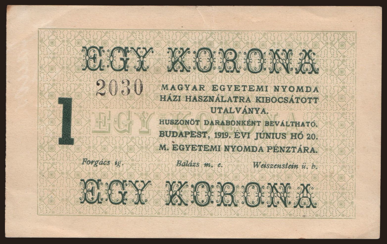 Budapest/ Magyar Egyetemi Nyomda, 1 korona, 1919