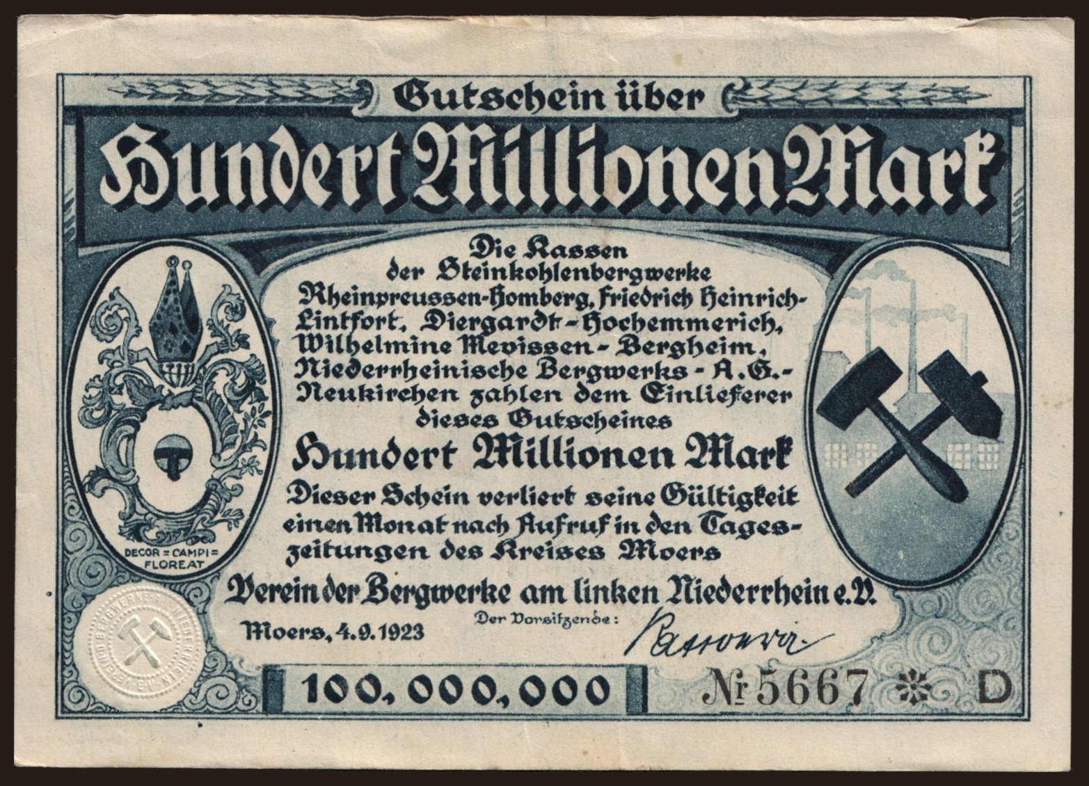 Moers/ Verein der Bergwerke am linken Niederrhein e.V., 100.000.000 Mark, 1923