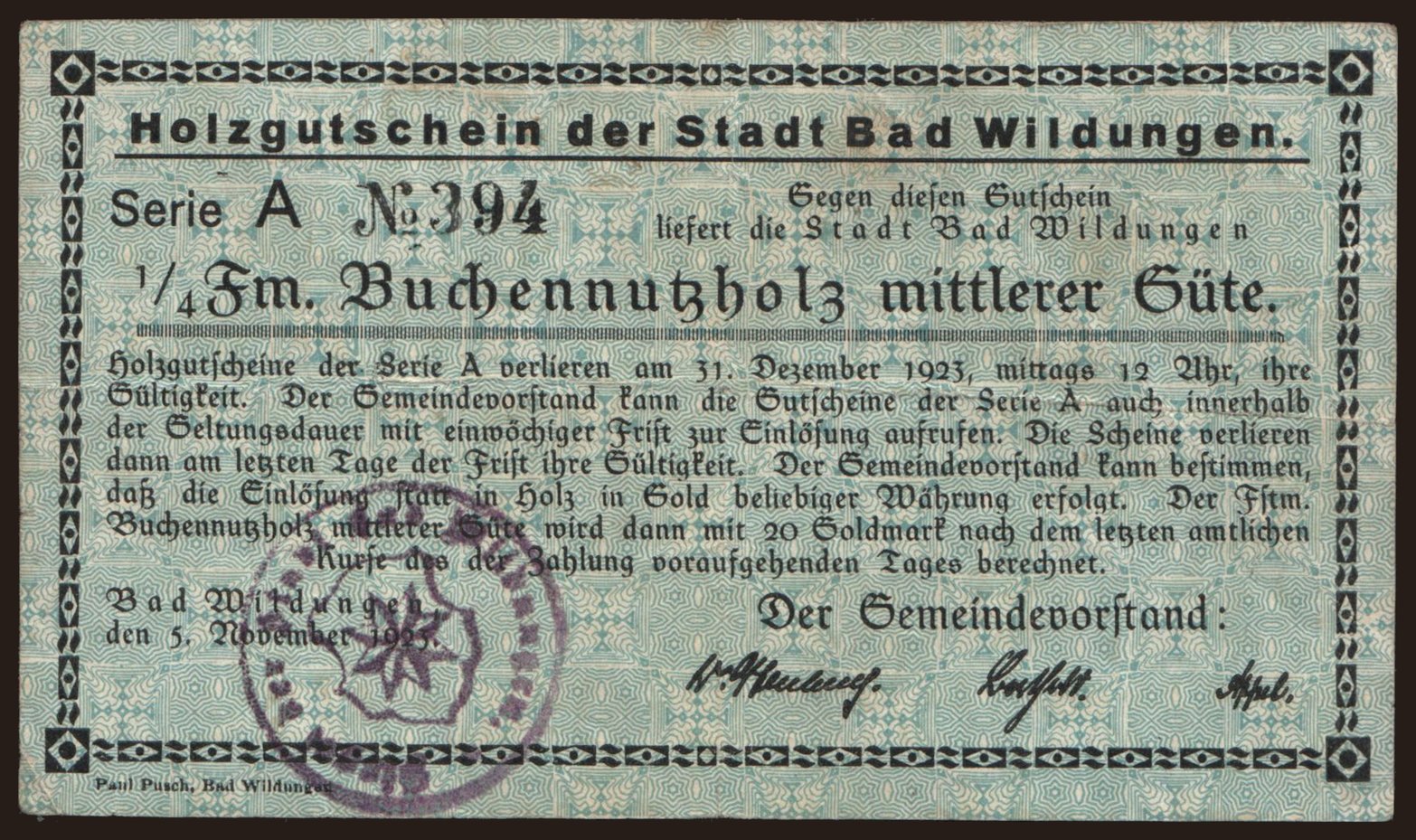 Bad Wildungen/ Stadt, 1/4 Festmeter Buchennutzholz, 1923