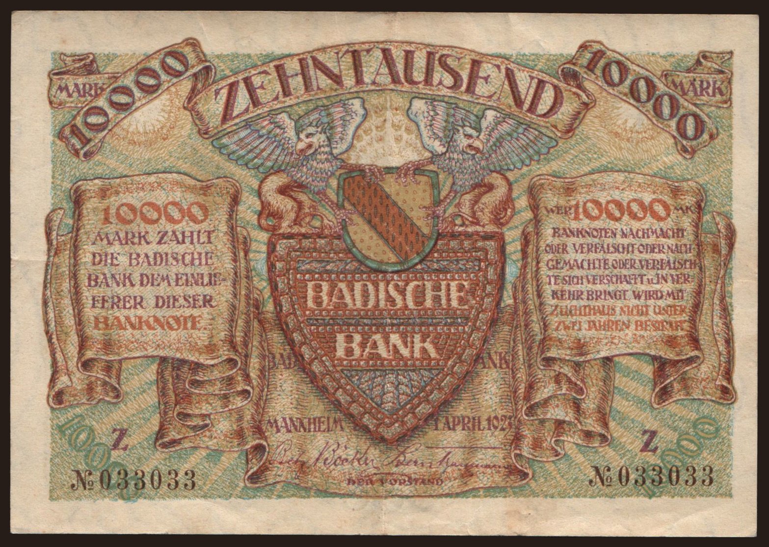 Badische Bank, 10.000 Mark, 1923