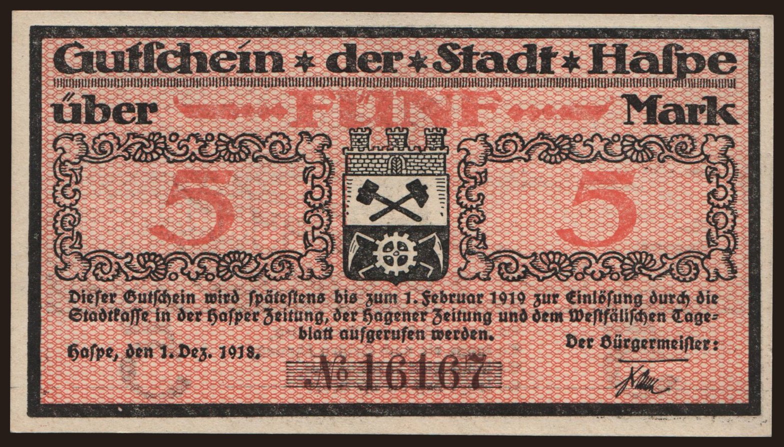 Haspe/ Stadt, 5 Mark, 1918