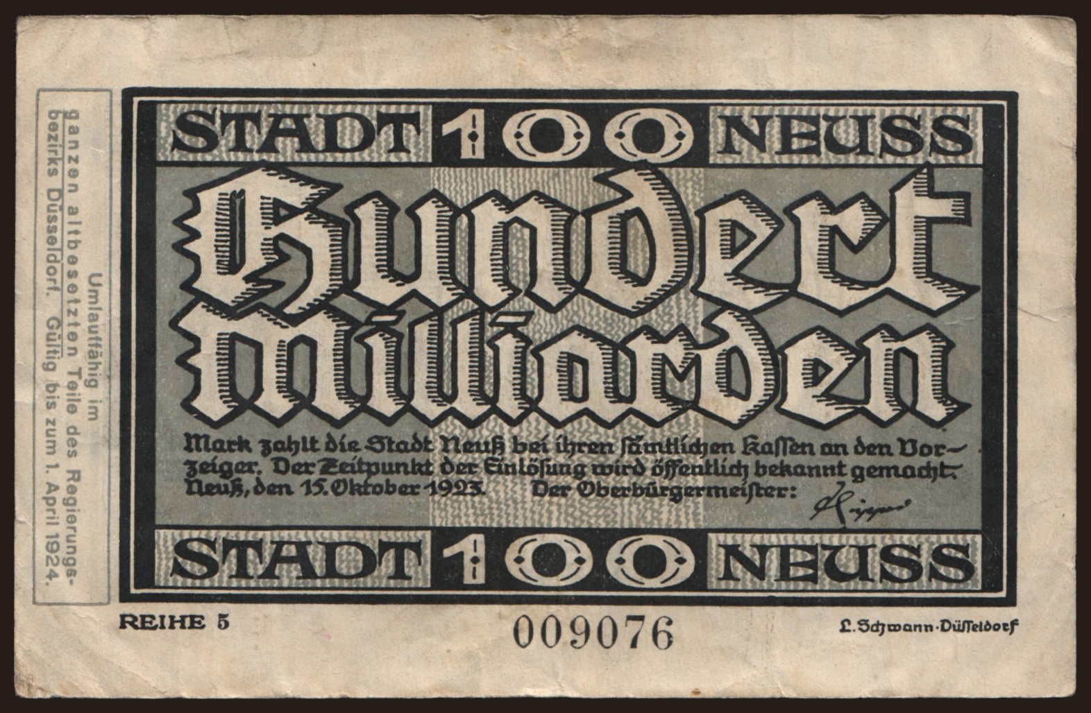 Neuss/ Stadt, 100.000.000.000 Mark, 1923