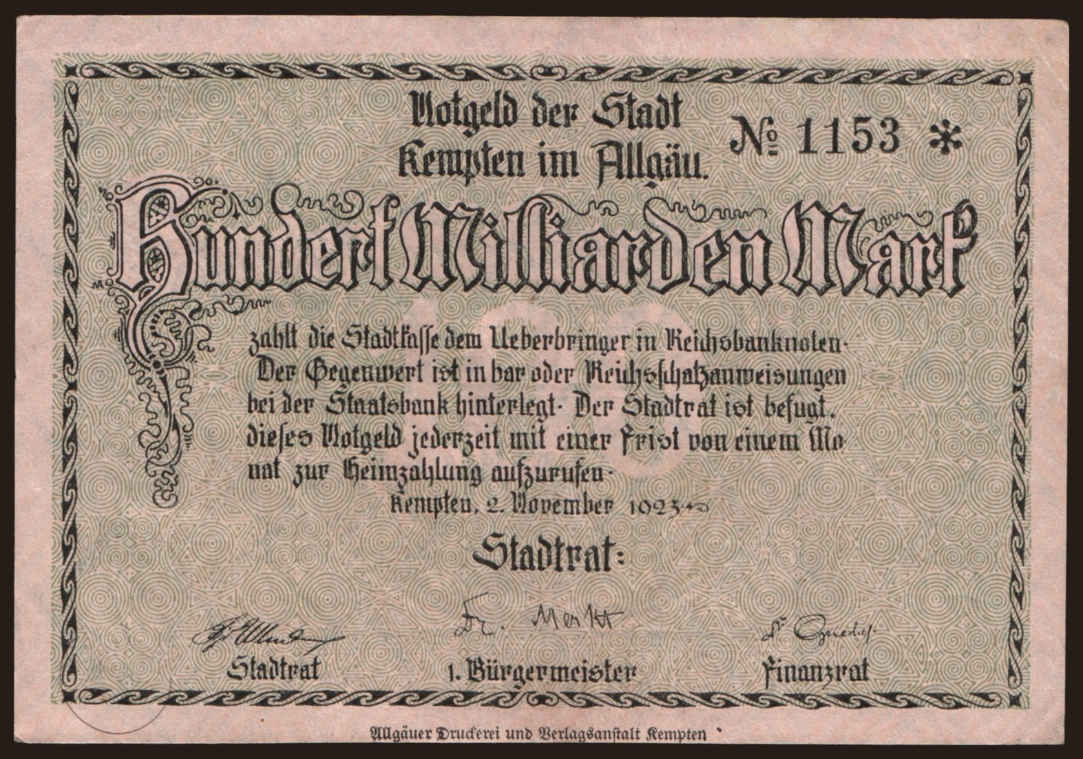 Kempten/ Stadt, 100.000.000.000 Mark, 1923