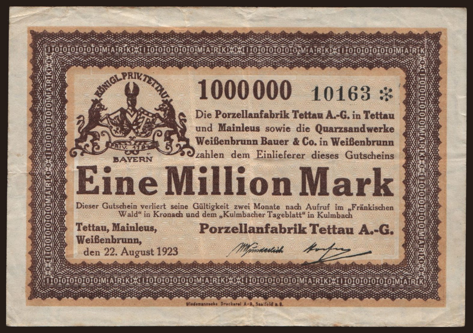 Tettau/ Porzellanfabrik Tettau A-G., 1.000.000 Mark, 1923