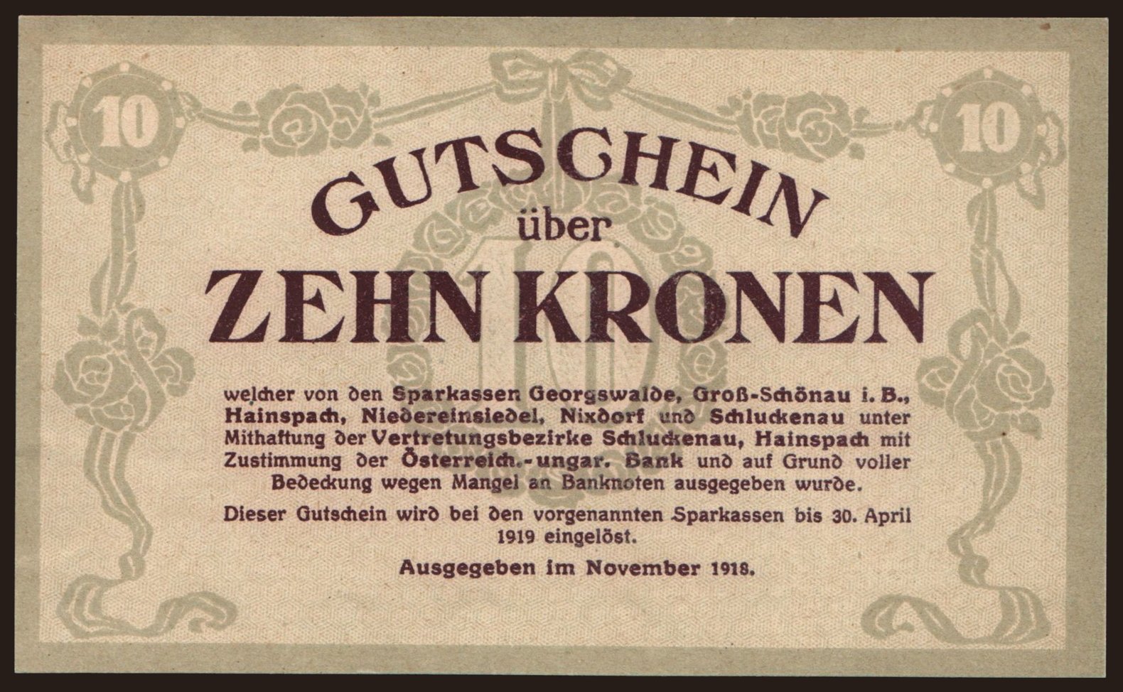 Graslitz, 10 Kronen, 1918