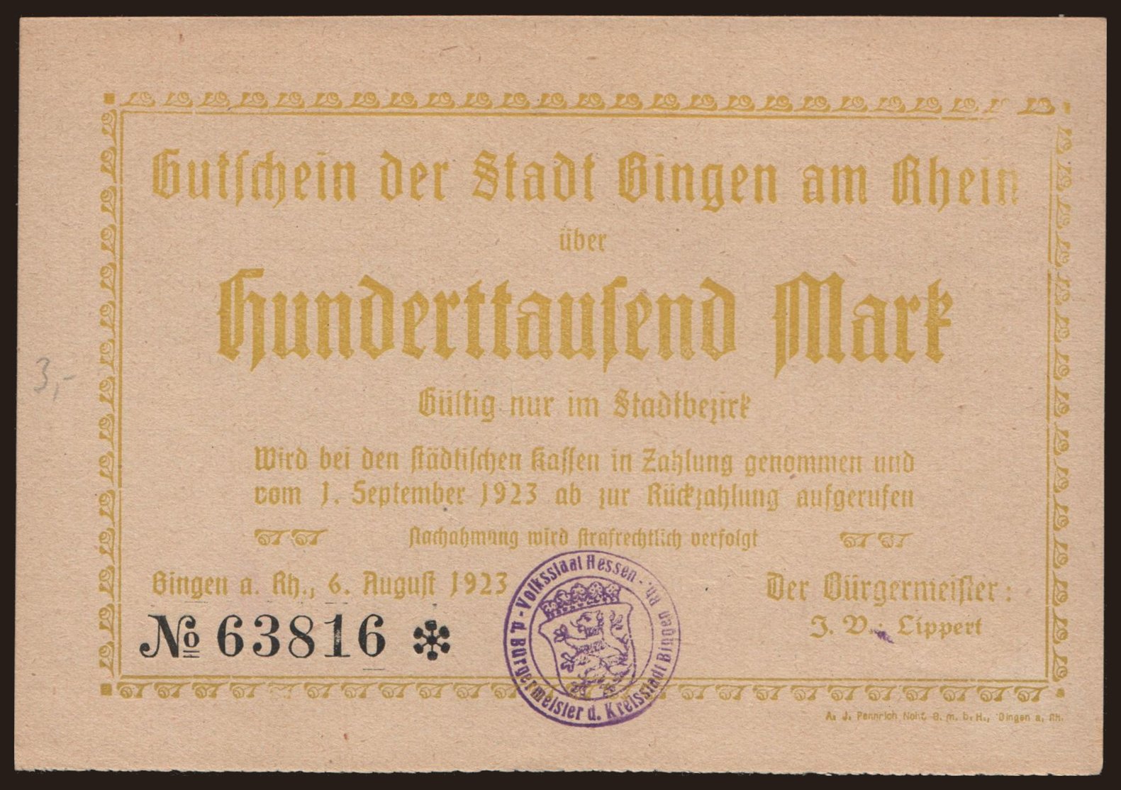 Bingen am Rhein/ Stadt, 100.000 Mark, 1923