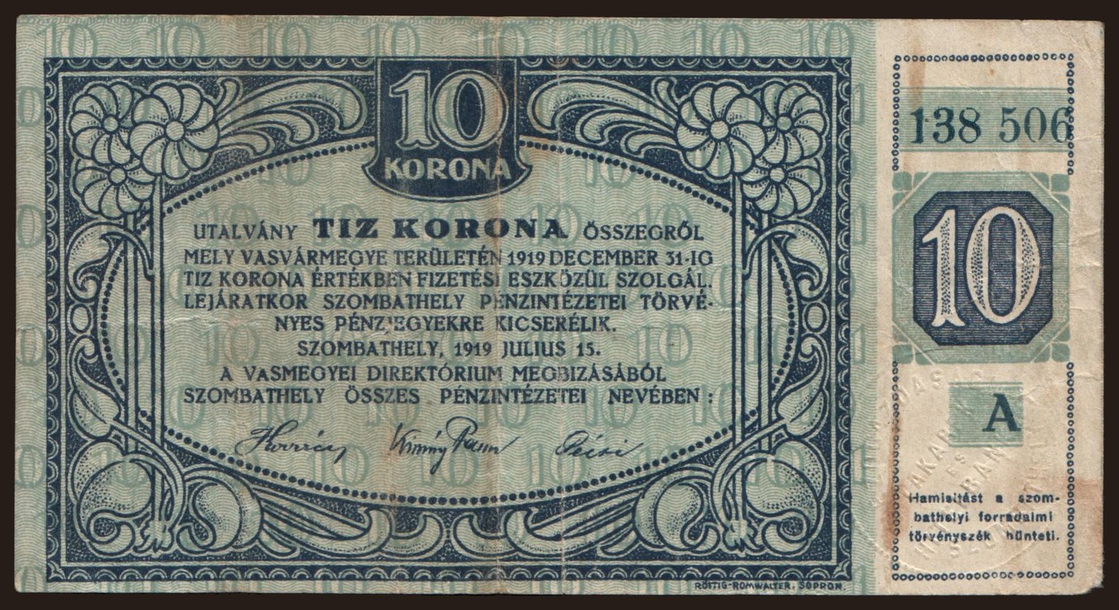 Szombathely, 10 korona, 1919