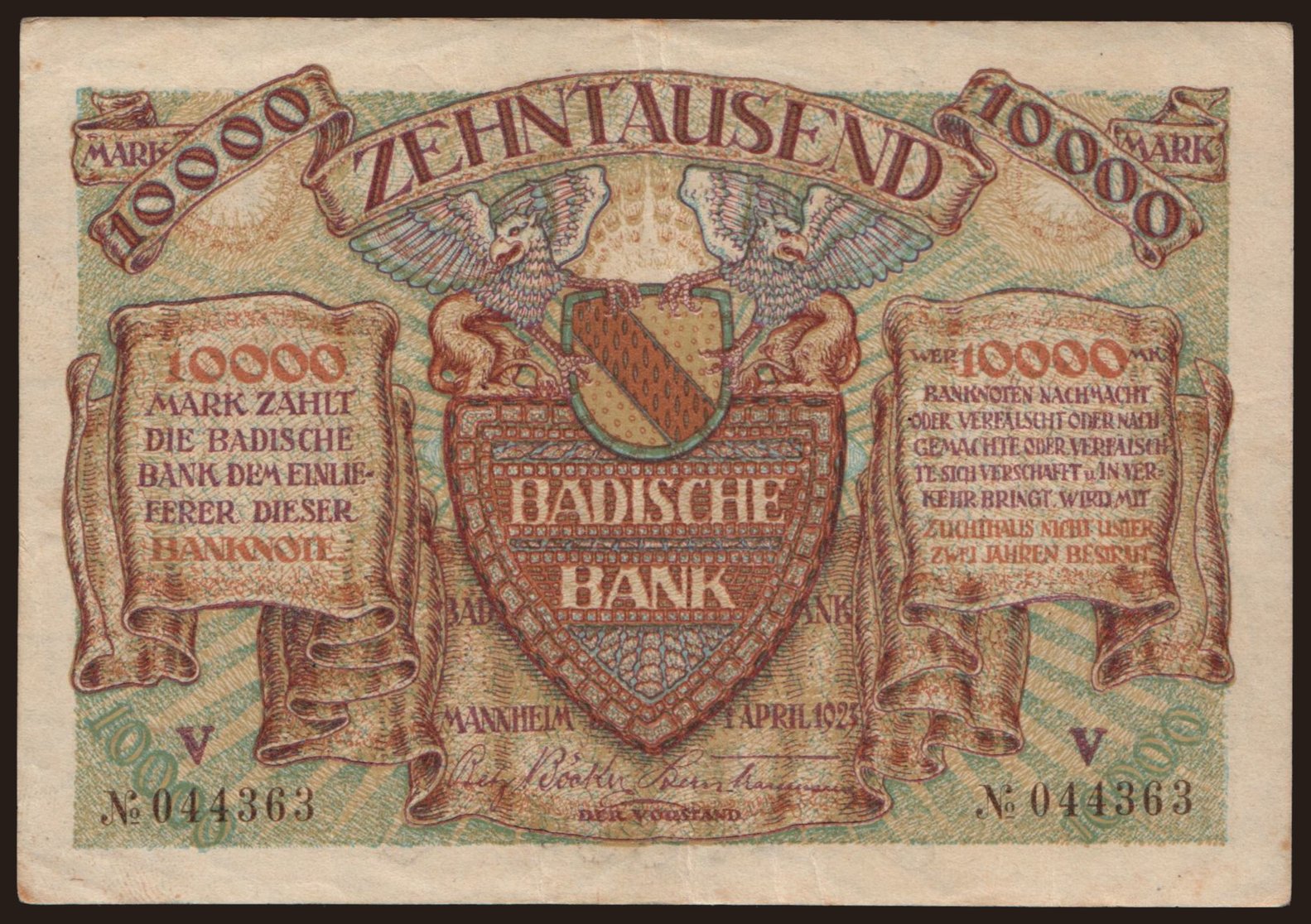 Badische Bank, 10.000 Mark, 1923