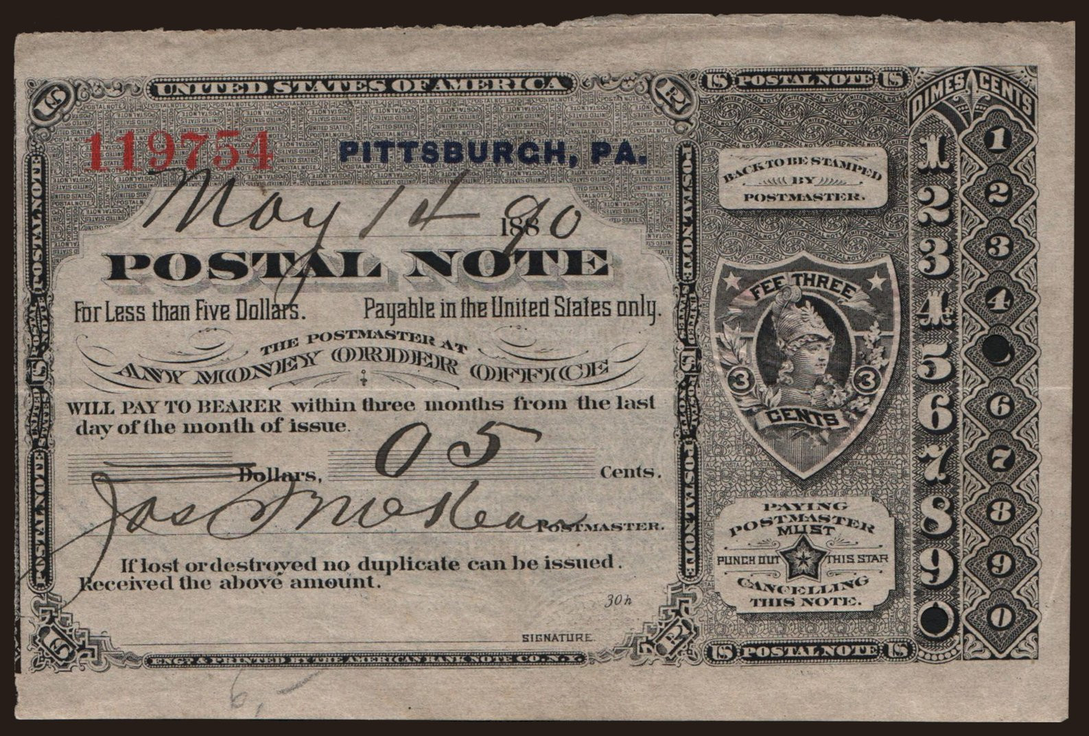 Postal Note, 5 cents, 1890
